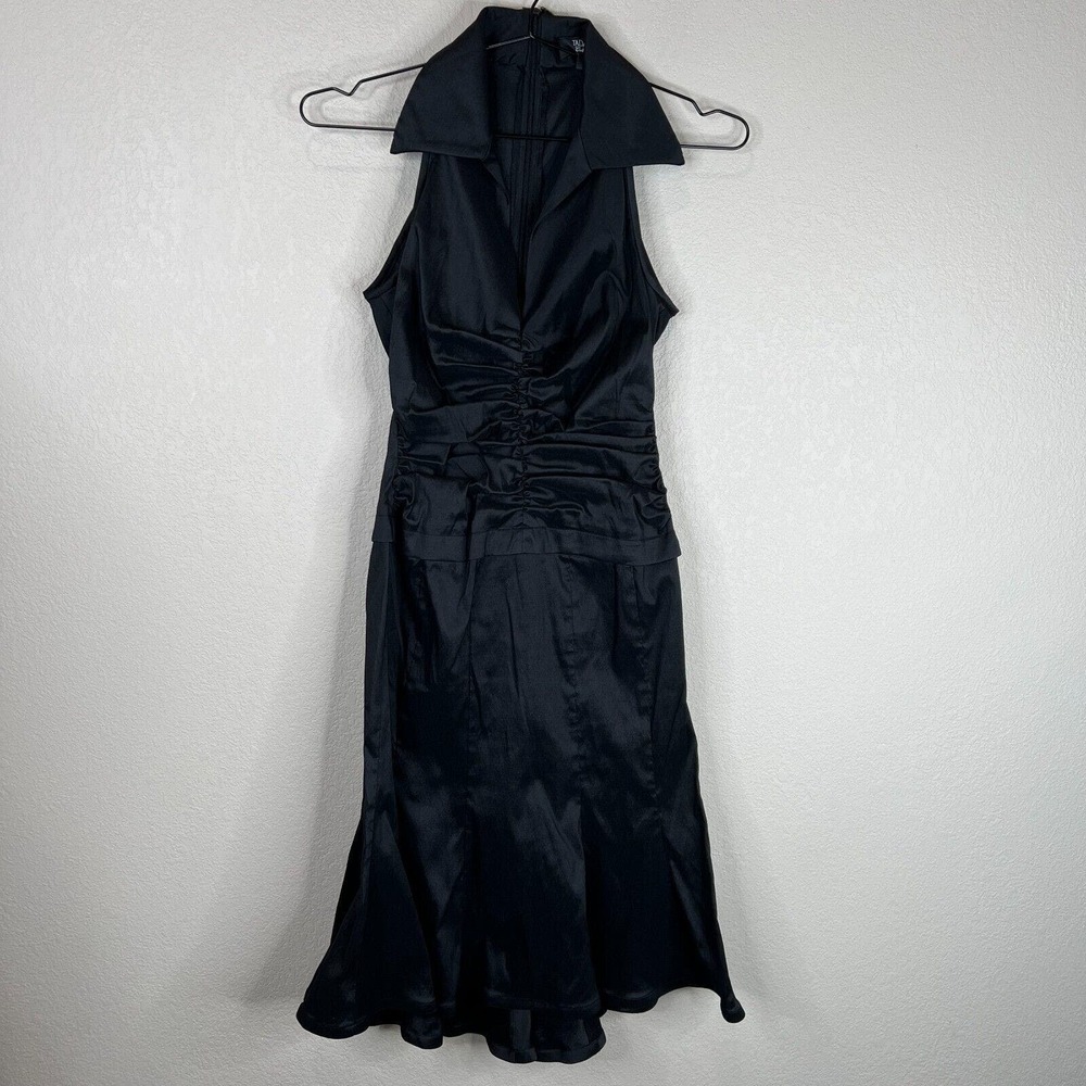 Tadashi Collection Cocktail Dress Sz 2 Black Sleeveless Collared Ruched Taffeta